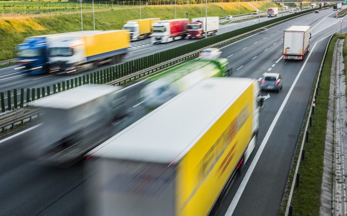 Trucks on six lane controlled-access highway in Poland